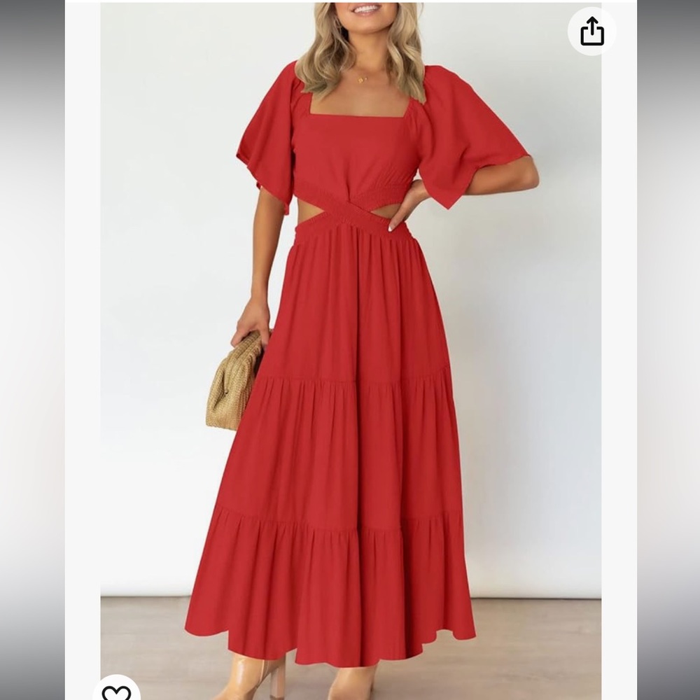 LEANI Red Cutout Maxi Dress Square Neck Short Sleeve Small Casual Party Dresses - Picture 2 of 5